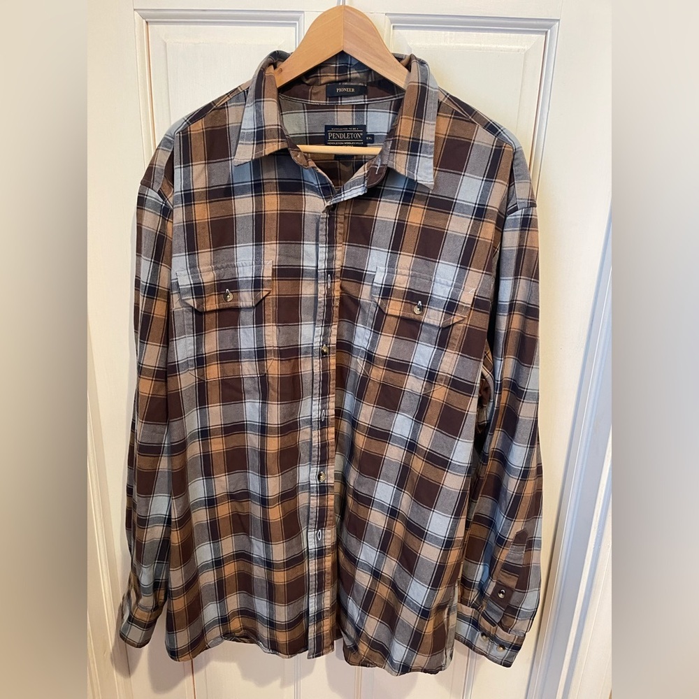 Pendleton Men's Wool/Cotton Blend Blue and Brown Plaid Shirt XXL